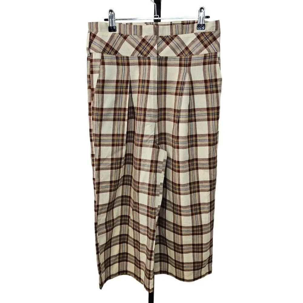 Revolve J.O.A Wide Leg Plaid Tartan High Waist Crop Pants Size Medium